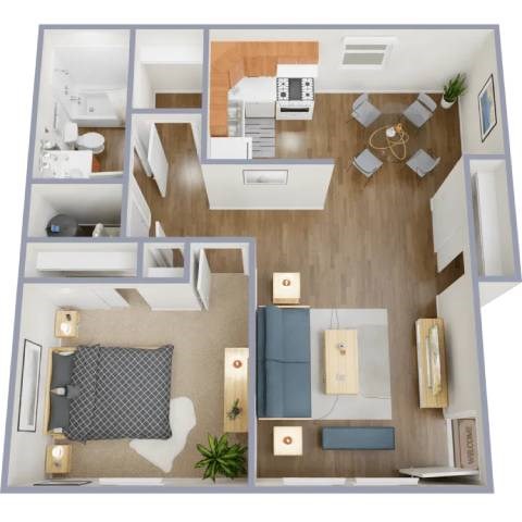A top-down view of a modern apartment layout with a kitchen, living room, and bedroom.